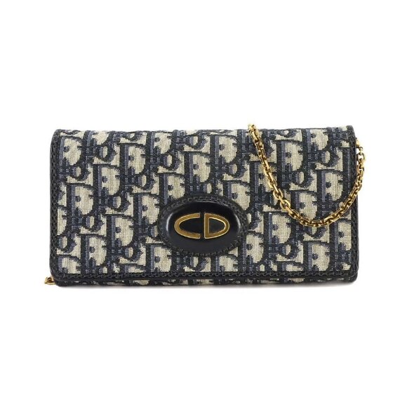 Christian Dior Oblique Chain Wallet Canvas Leather Navy Purse - Picture 1 of 11